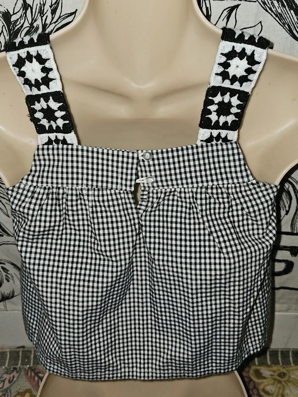 Btween Black & White Check Crochet-Trim Kids Top Sz 8